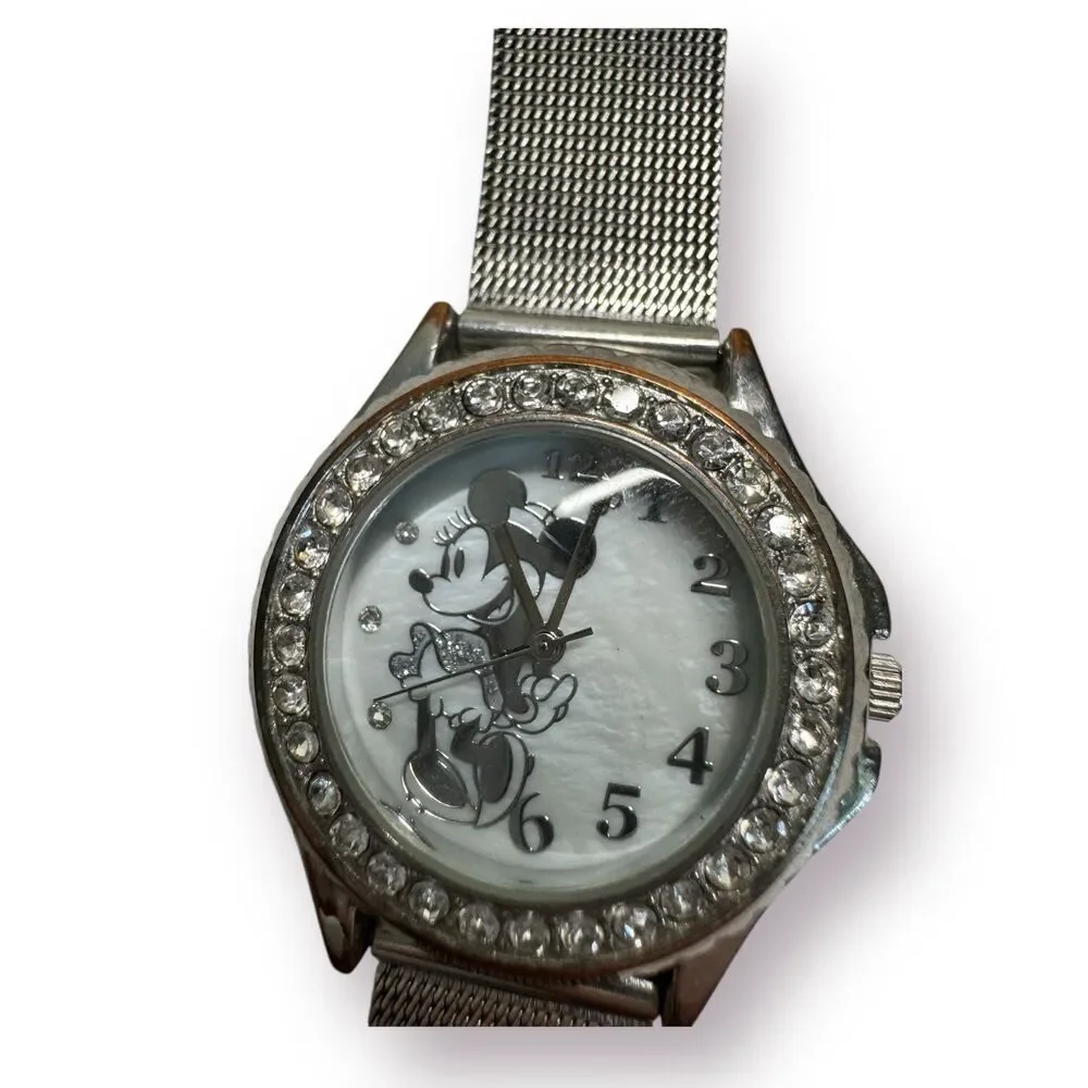Disney Accutime Quartz Wristwatch Minnie Mouse CZ Bezel Steel Mesh Band MN2074CV
